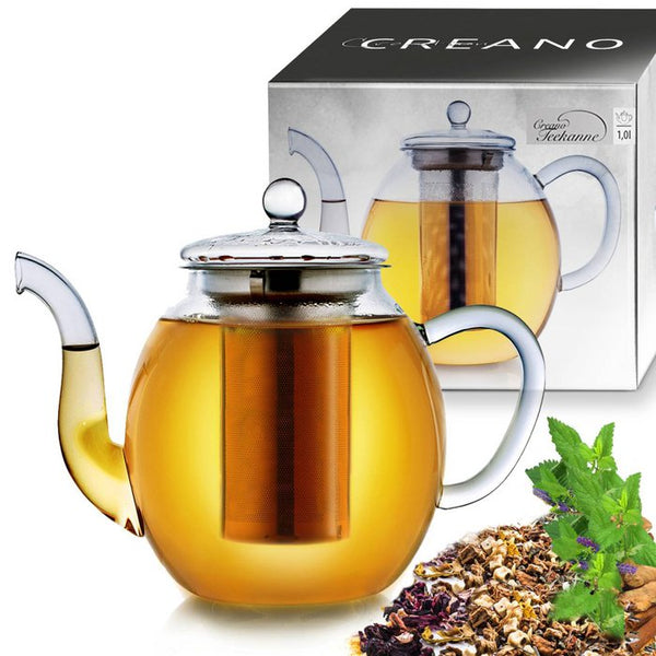 Creano glass teapot 1.0l, 3-part tea maker with integrated stainless steel strainer and glass lid, ideal for preparing loose teas, drip-free, all-in-one